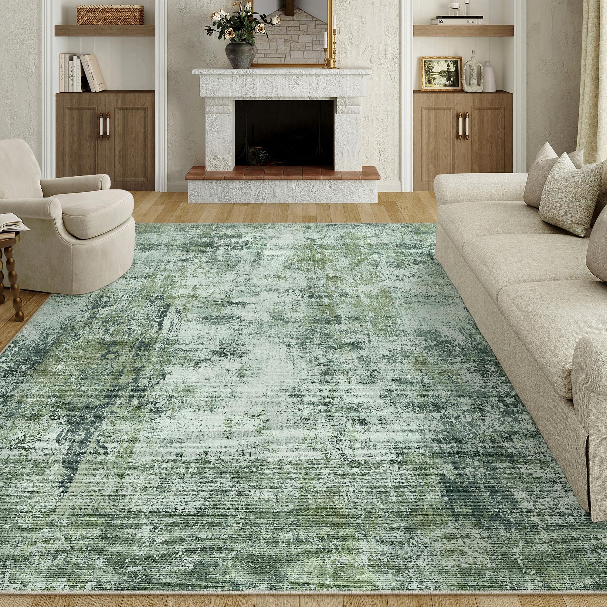 HUGEAR Washable Rugs Living Room Rug 240x300cm Green Non Slip Abstract Natural Neutral Modern Large Carpet Bedroom Kitchen Hall Lounge Bedside Low Pile Carpets