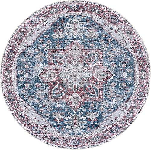 Miniatura 3 de SAFAVIEH Alfombra lavable Tucson Collection – Redonda de 6 pies, azul marino y rojo, antideslizante, ideal para zonas de alto tráfico en sala de