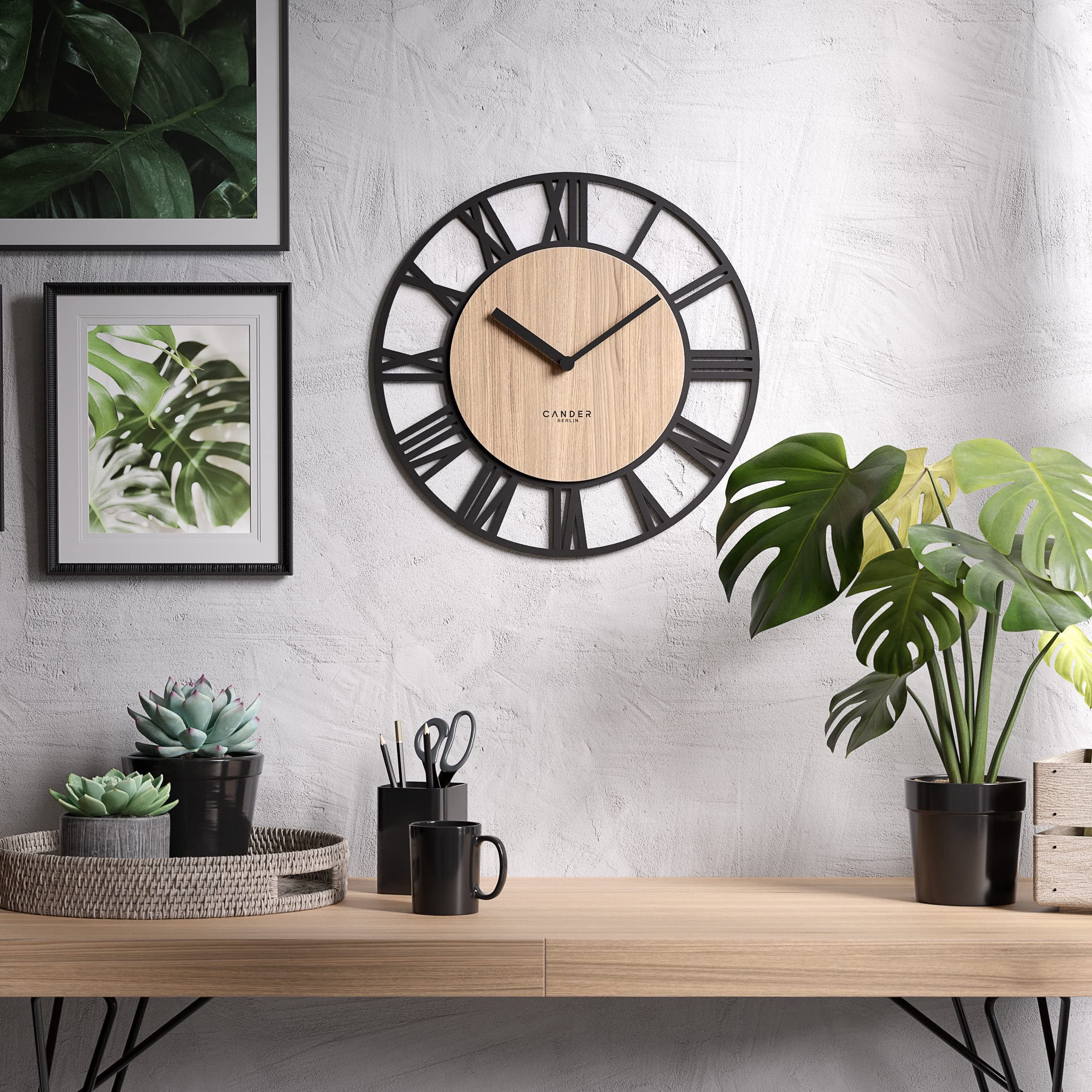 Cander Berlin MNU 2740 R XXL Holz-Wanduhr 40 cm lautlos modern Eichenfurnier ohne Tickgeräusche Küche Wohnzimmer analog Vintage