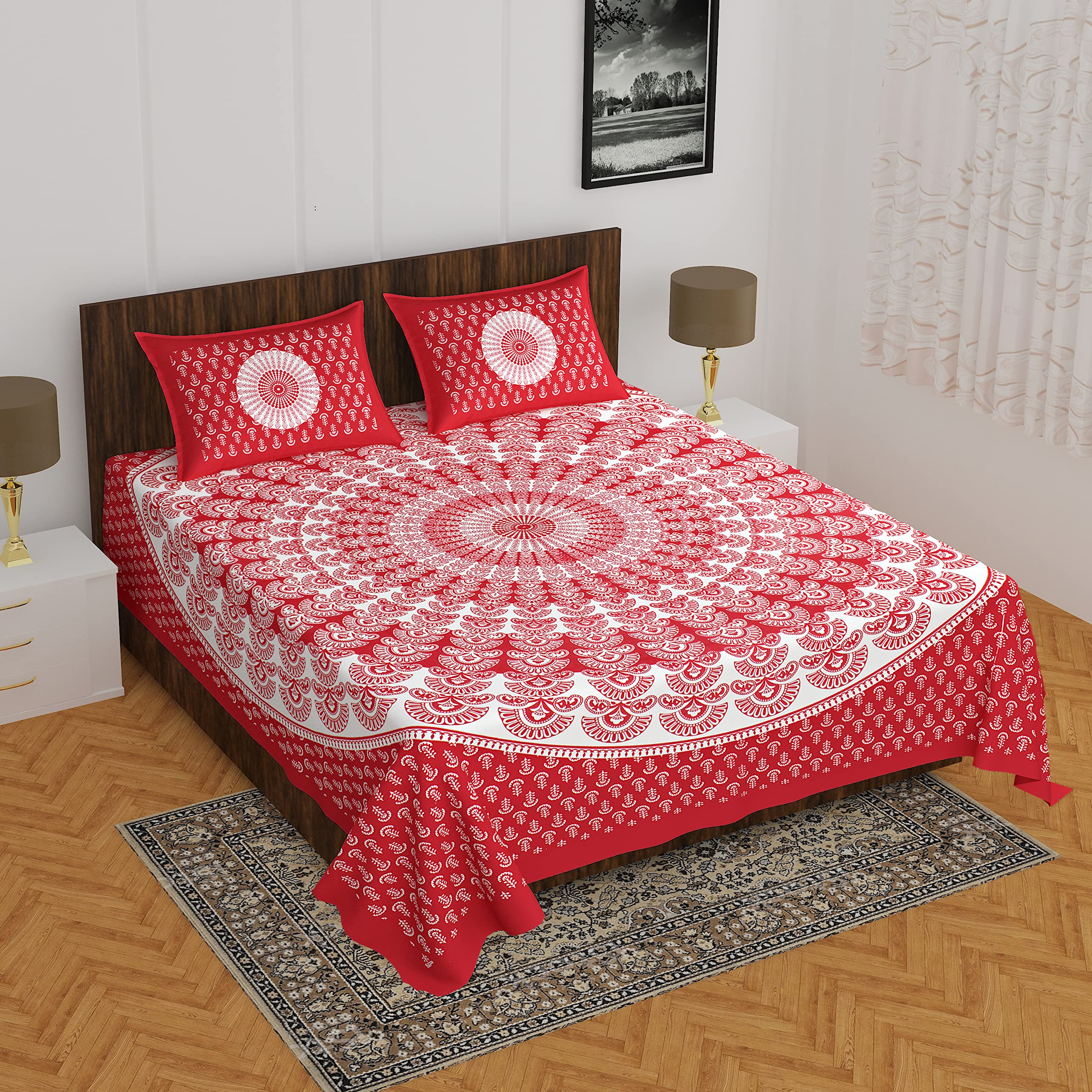 HOME@SHOP Bedsheet for Double Bed Cotton Double Bedsheet with 2 Pillow Covers (King Size, Red)