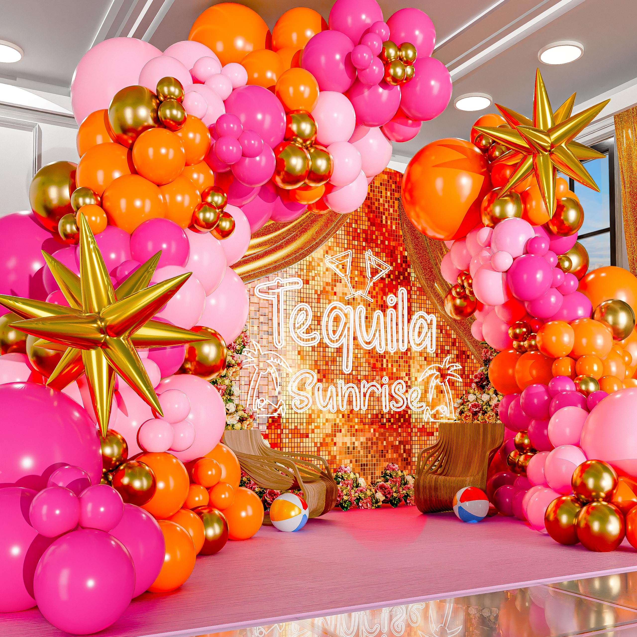 ALL-IN-1 Pink and Orange Balloon Arch Kit with BONUS Starburst Balloons for Pink and Orange Party Decorations - Pinks and Oranges Balloons for Oranges