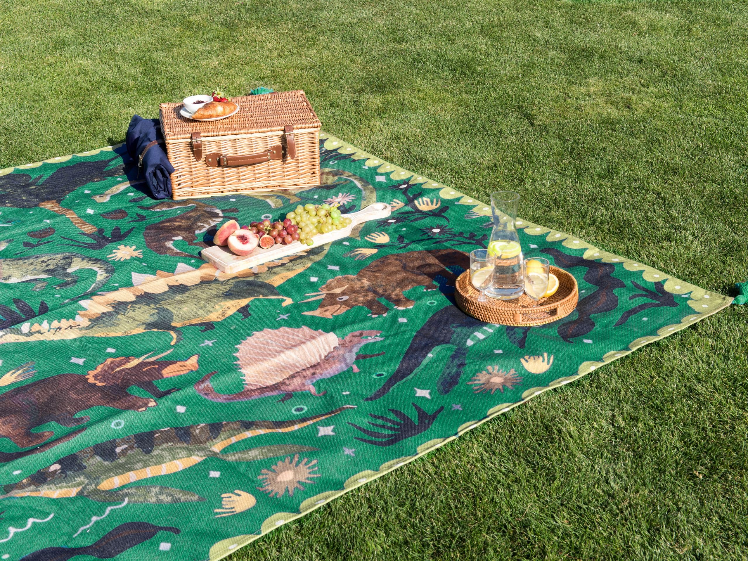 Koc piknikowy z izolacją mata plażowa z uchwytem w dinozaury 200 x 200 cm zielony Tuziani