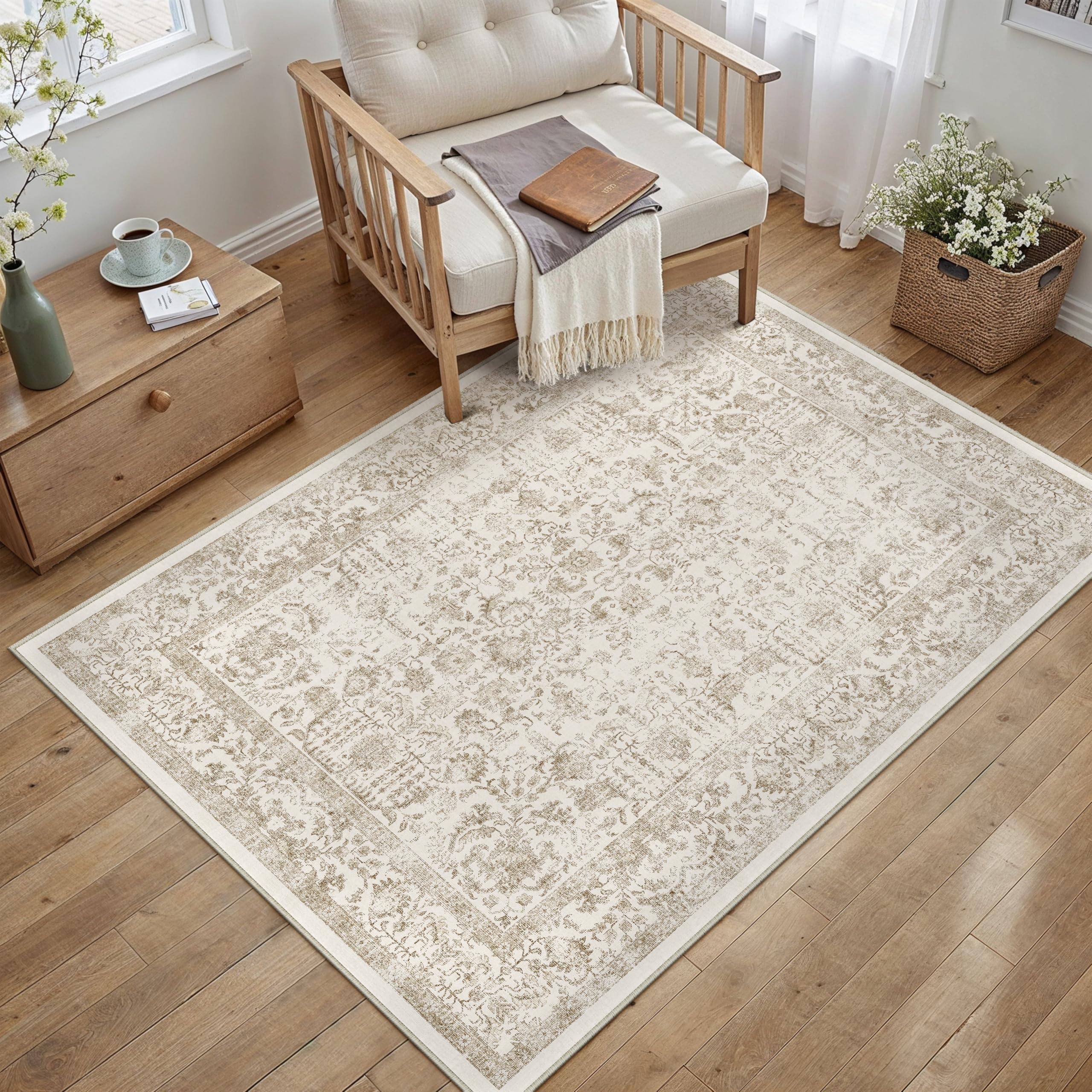 PureCozy Light Brown Area Rug 3x5 Office Entryway Rug Machine Washable Kitchen Vintage Distressed Non Slip Carpet Indoor Retro Floral Accent Throw Door Mat for Bathroom Bedroom Dining Living Room โ image 1