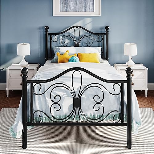 SHA CERLIN Twin Size Bed Frame for Kids,Metal Bed Frame with Butterfly Pattern Design Headboard and Footboard,No Box Spring Needed,Easy