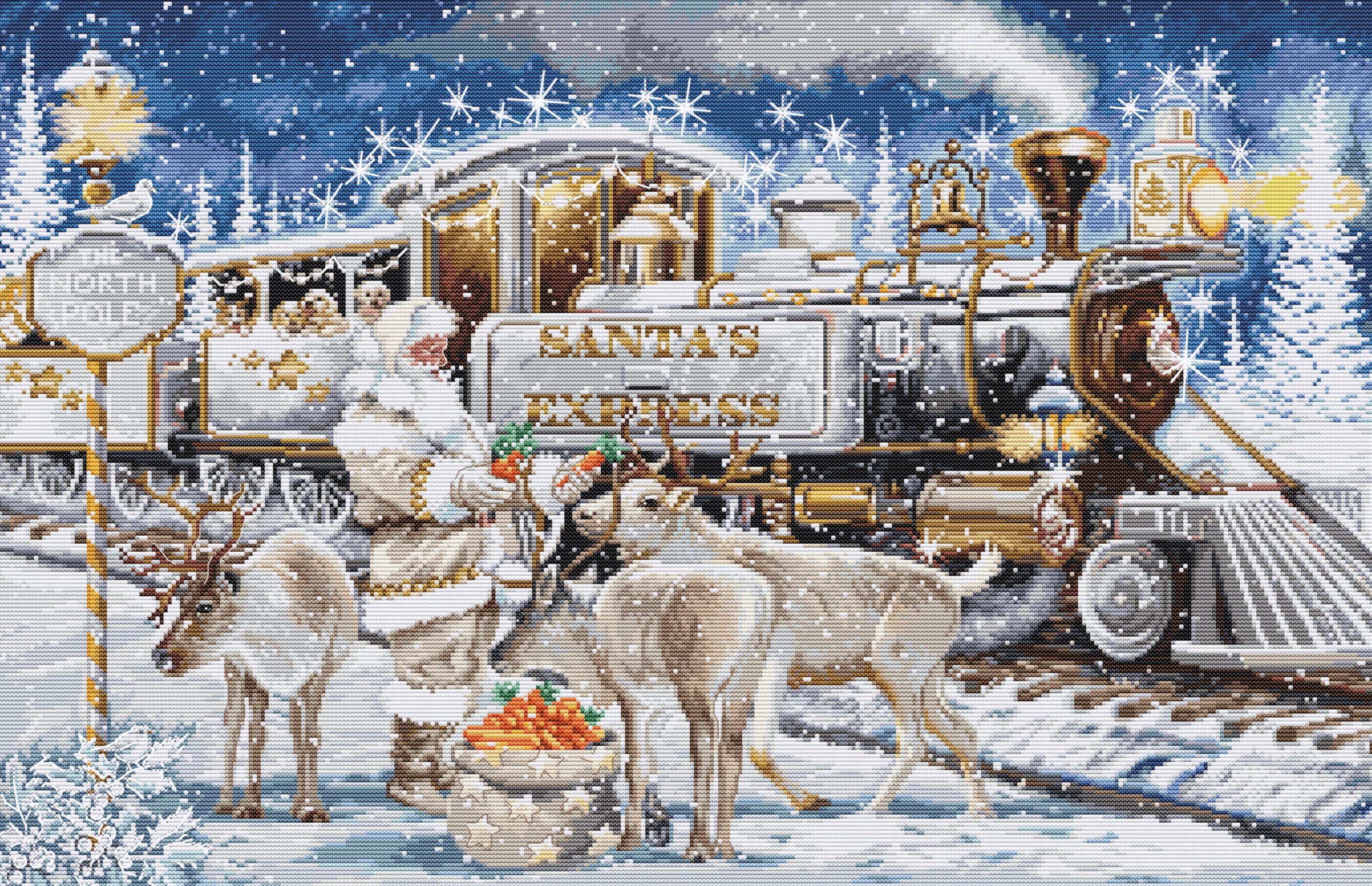 Luca-S Santa’s Express White Cross Stitch Kit Gold - Bu5038, Counted Cross Stitch Kit For Adults, Needlecraft And Embroidery Kit
