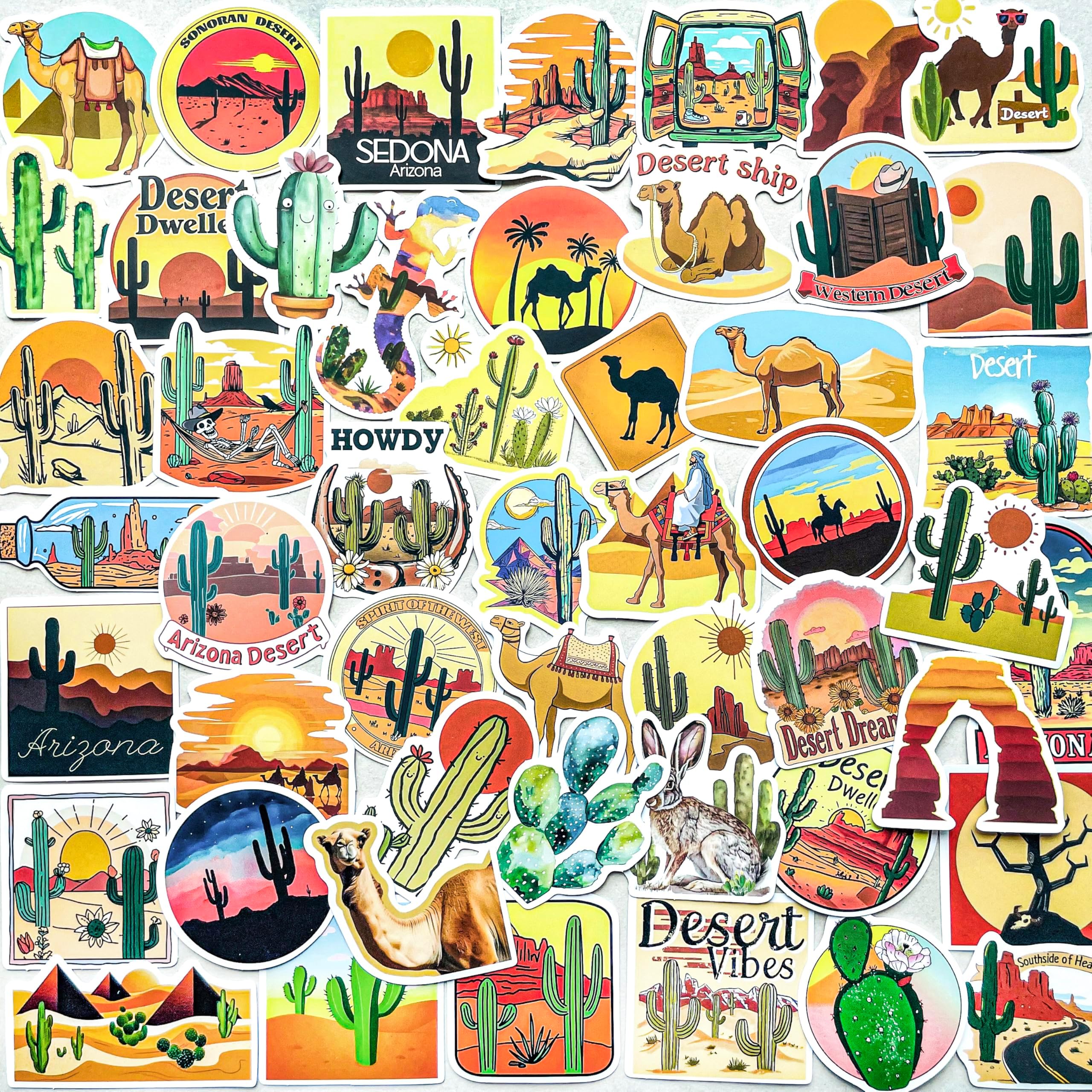 50Pcs Arizona Western Country Desert Stickers,Aesthetic Cactus Camel Travel Adventure Stickers for Laptop Water Bottle Luggage Scrapbook