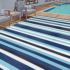 HUGEAR Outdoor Waterproof Rug 9&#39;x12&#39; Plastic Straw Rugs Washable Reversible Floor Mat Blue Stripe Carpet for Camping RV Deck Entryance Porch Picnic Balcony Beach Backyard