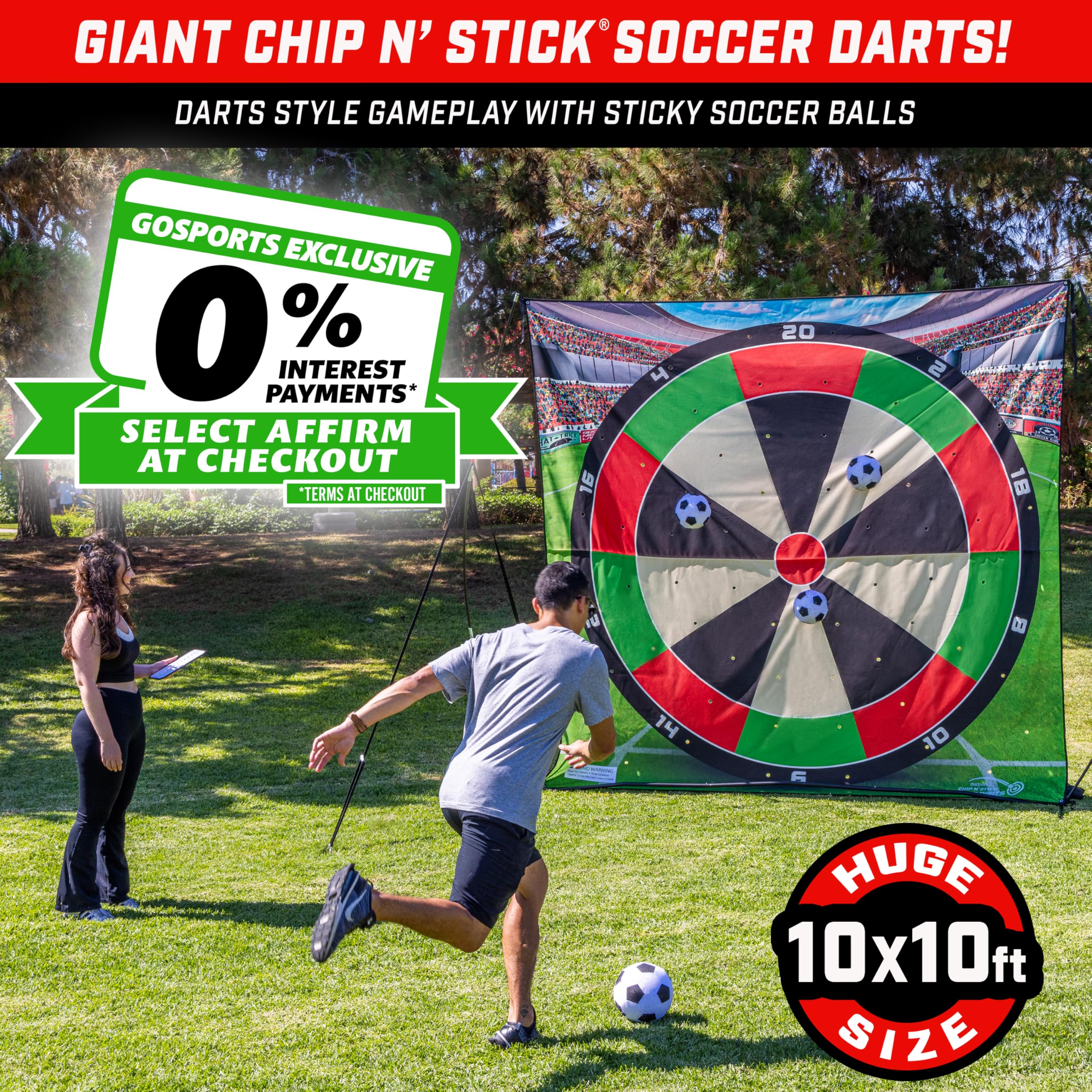 GoSports 10 FT Chip N' Stick Soccer Darts - Giant Kick Darts Game for Kids & Adults - Includes 4 Sticky Soccer Balls, Tote Bag, & Carry Case