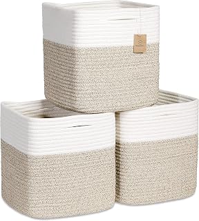 NaturalCozy 11 Inch Cotton Rope Woven Storage Cubes, 3-Pack - Sturdy Cube Bins for Toys, Closet, Nursery, Playroom Organizing
