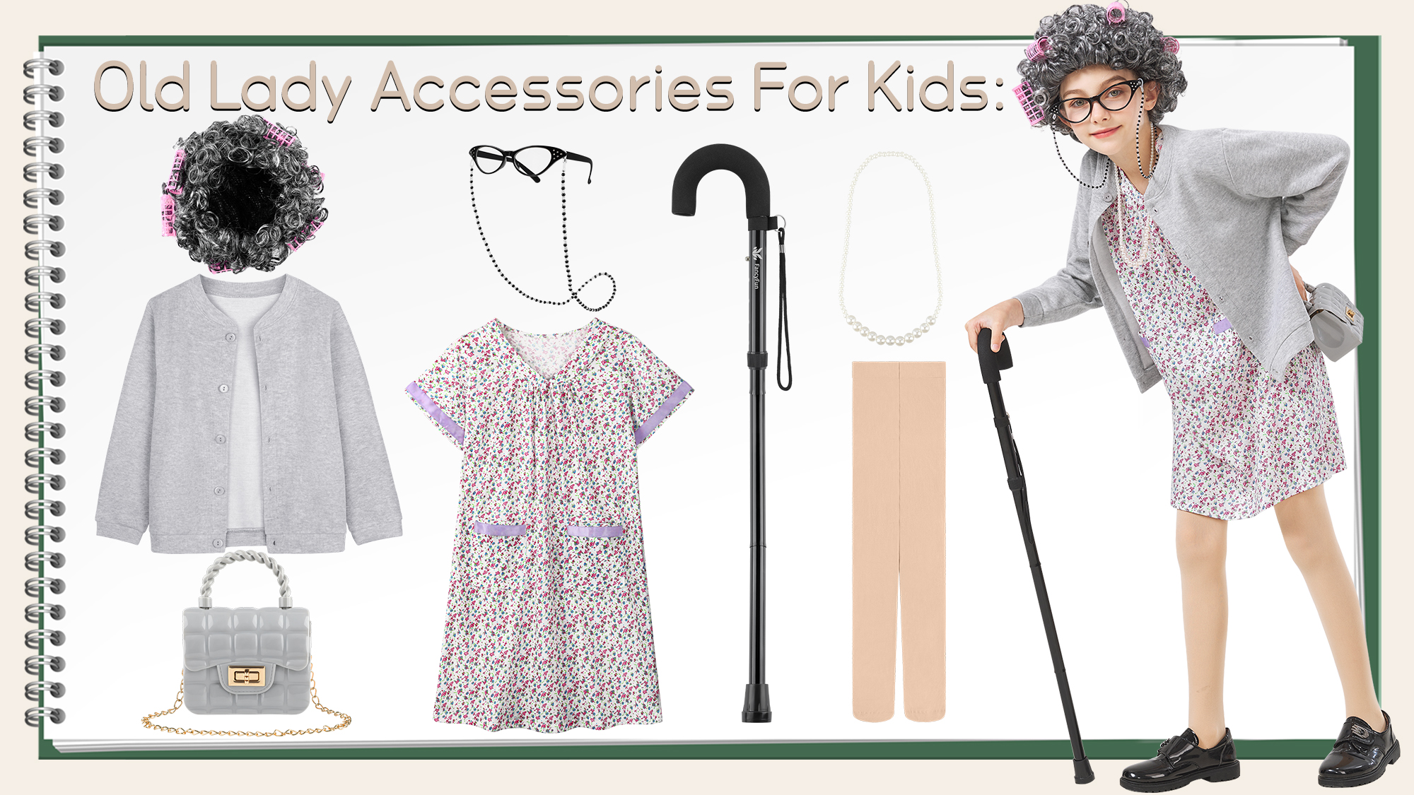 Disfraz de abuela para niñas y niños 8 piezas miniatura 6