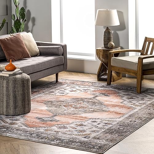 nuLOOM Gracie Distressed Medallion Machine Washable Area Rug, 8' Round, Peach