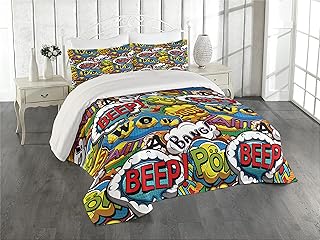 Lunarable Superhero Coverlet Set King Size, Comics Speech Bubbles Beep Wow with Vivid Old Effects Boys Supernatural Print, 3 Piece Decorative Quilted Bedspread Set with 2 Pillow Shams, Blue Red