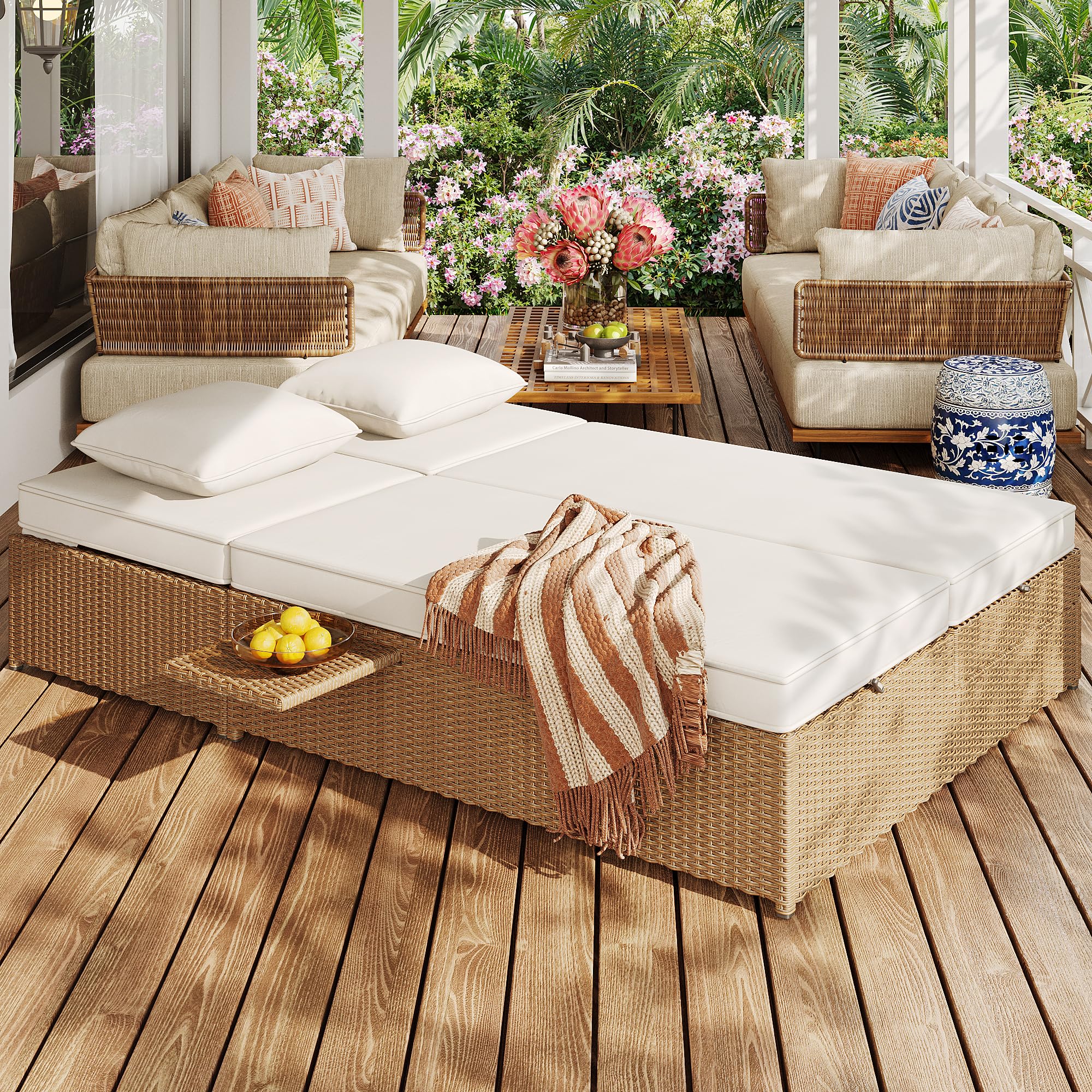 Sdraio da giardino per esterni, letto matrimoniale, in rattan, che può essere utilizzato come mobili da giardino all'aperto, adatto per lounge, balconi e giardini, resistente alle intemperie