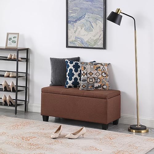 Miniatura 4 de HMFULE Juego de 3 bancos otomanos de almacenamiento de 38.58 pulgadas, banco de almacenamiento de tela tapizada con bisagra de seguridad para sala