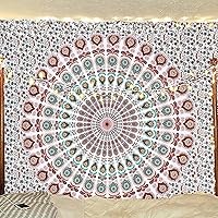 Vista 36 de Bless International - Tapiz de cama para colgar en la pared con mandala de pavo real bohemio y psicodélico (azul dorado, rosa, tamaño Queen