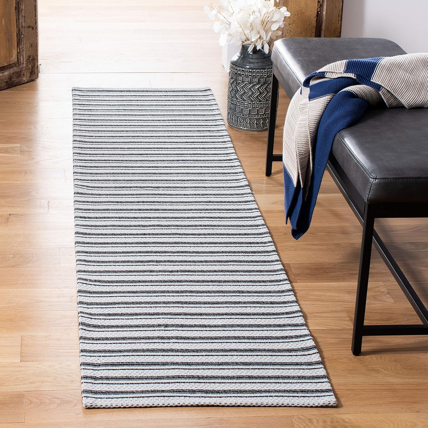 SAFAVIEH Augustine Collection Runner Rug - 2' x 8', Black & Light Grey, Stripe Design, Non-Shedding & Easy Care, Ideal for High Traffic Areas in Living Room, Bedroom (AGT419H)