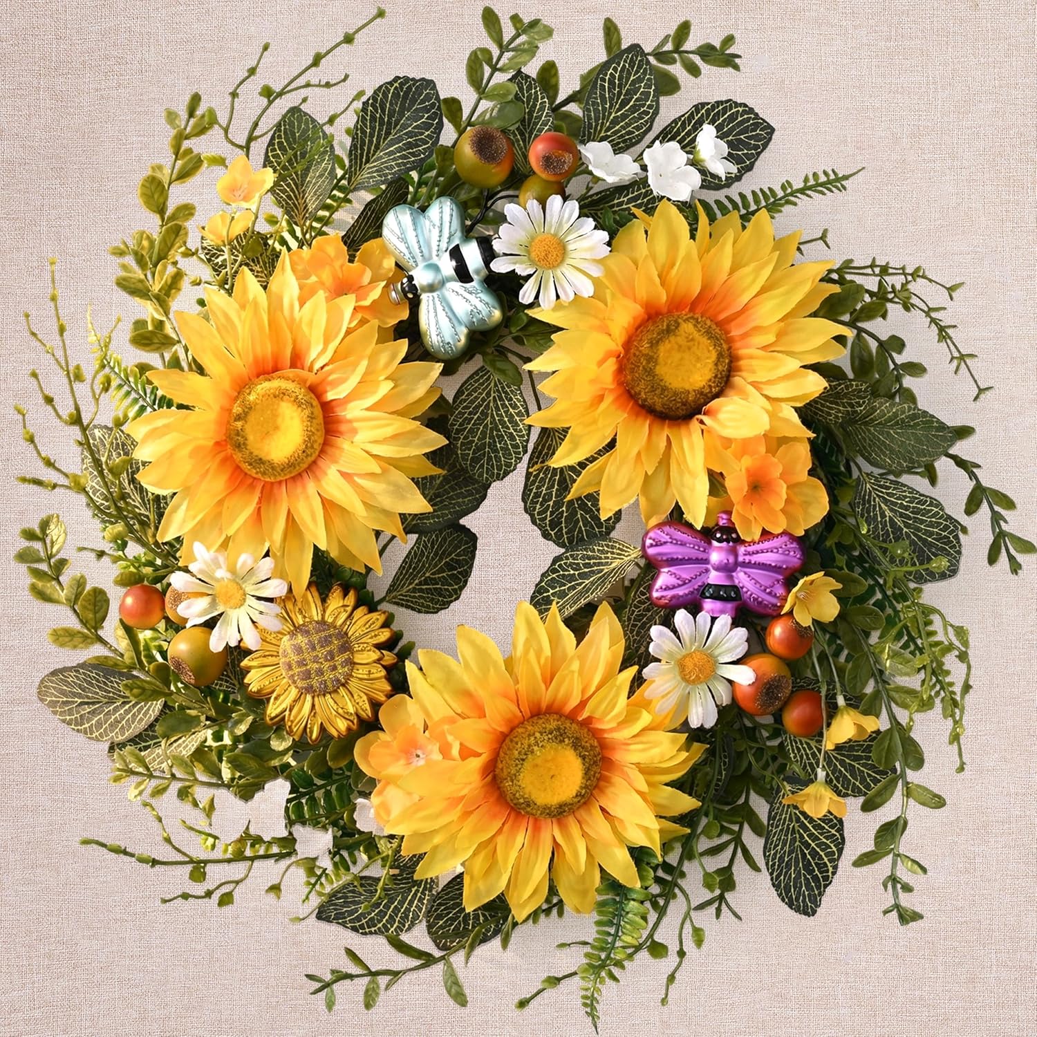 DecorbyHannah Spring Sunflower Wreaths for Front Door Outside All Season, 18 Inch Artificial Flower Summer Door Wreaths with Daisy and Bee, Sunflower Decor for Home Porch, Wedding Housewarming Gifts