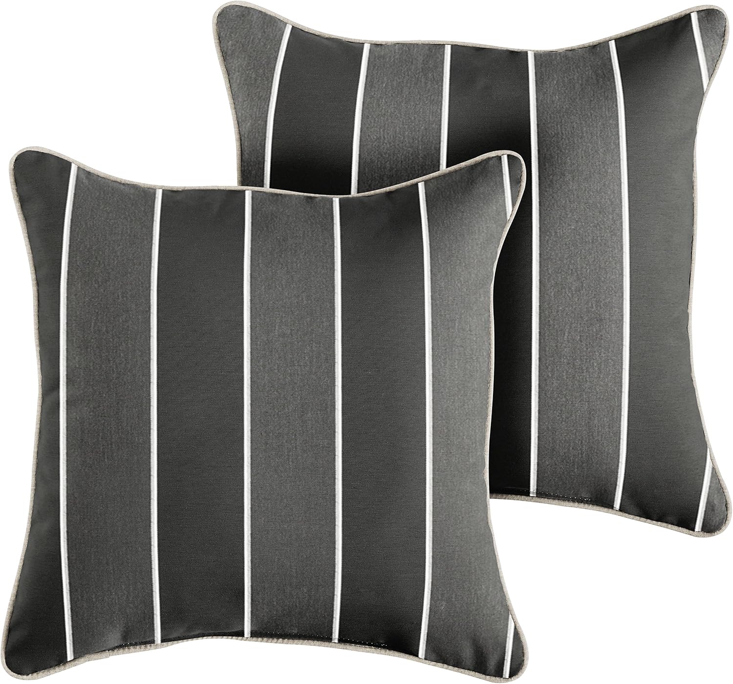 AMPS111181 Indoor Outdoor Sunbrella Square Pillow with Corded Edges, Set of 2, 20 x 20, Grey/Black Stripes & Silver Grey