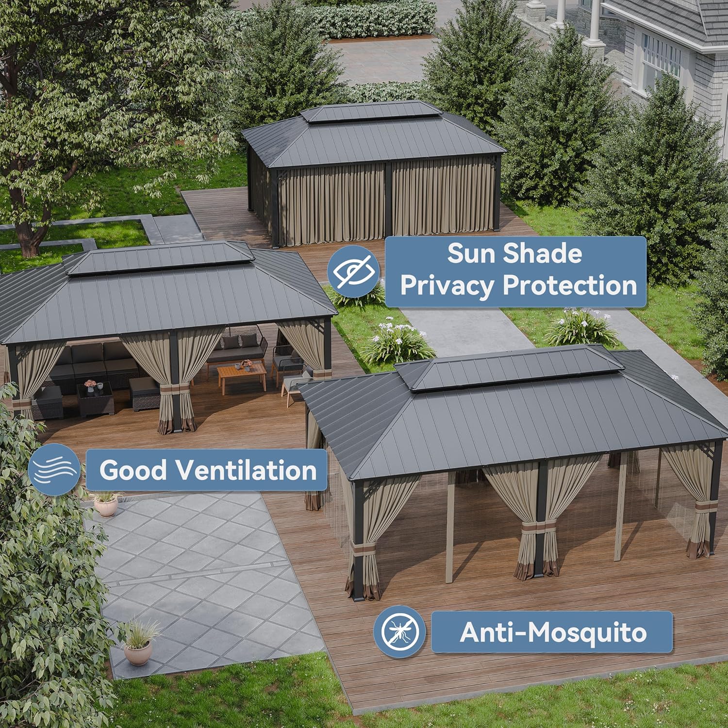 Kurapika 12' x 20' Hardtop Outdoor Metal Gazebo with Galvanized Steel Double Roof Canopy, Netting and Curtain, Aluminum Permanent Pavilion Gazebo, Sand