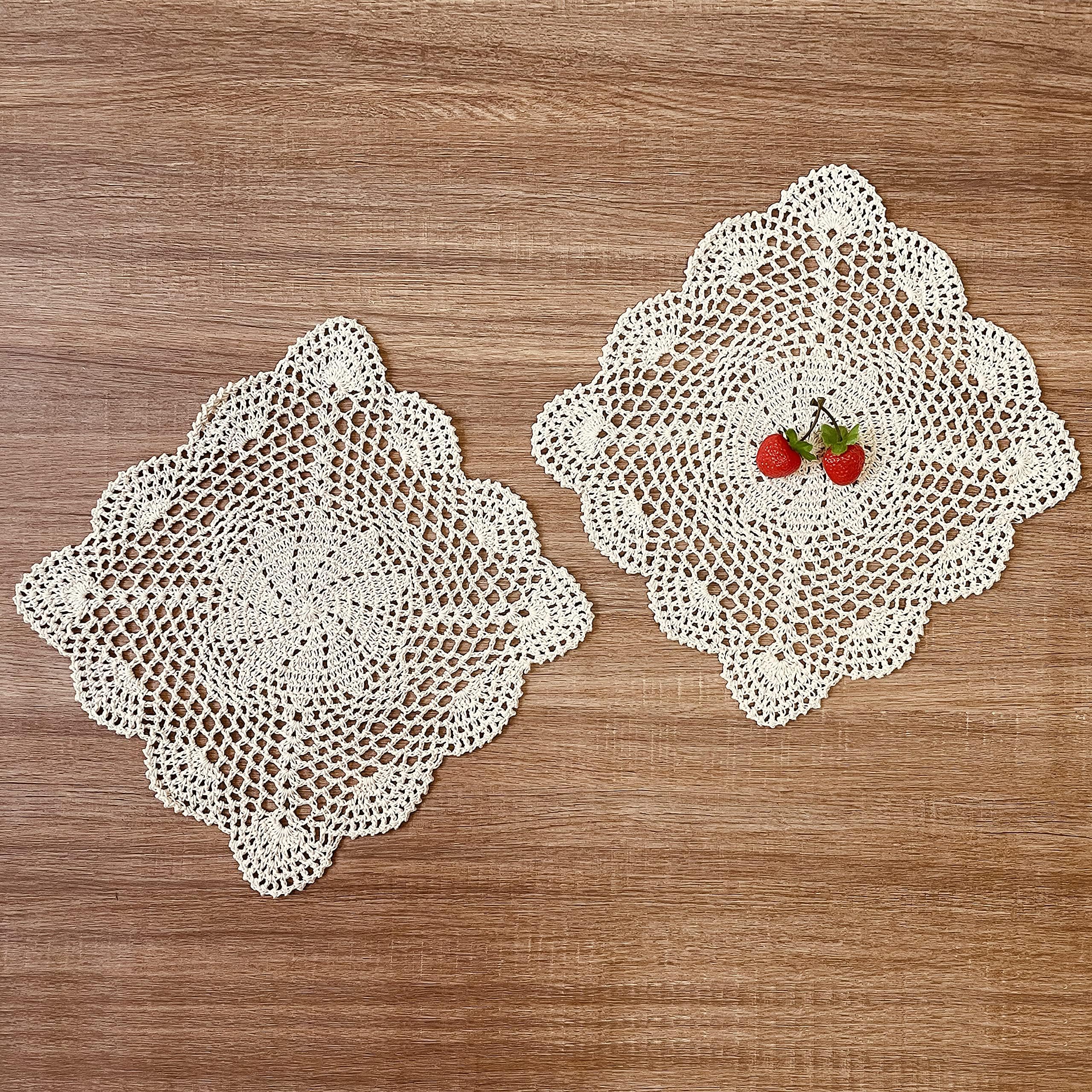 HannyBoo Handmade Crochet Doilies Placemats (2Pcs), Flower Cotton Lace Table Cloth Doily Square Coasters for Table Decorating, 12x12 Inch, Beige