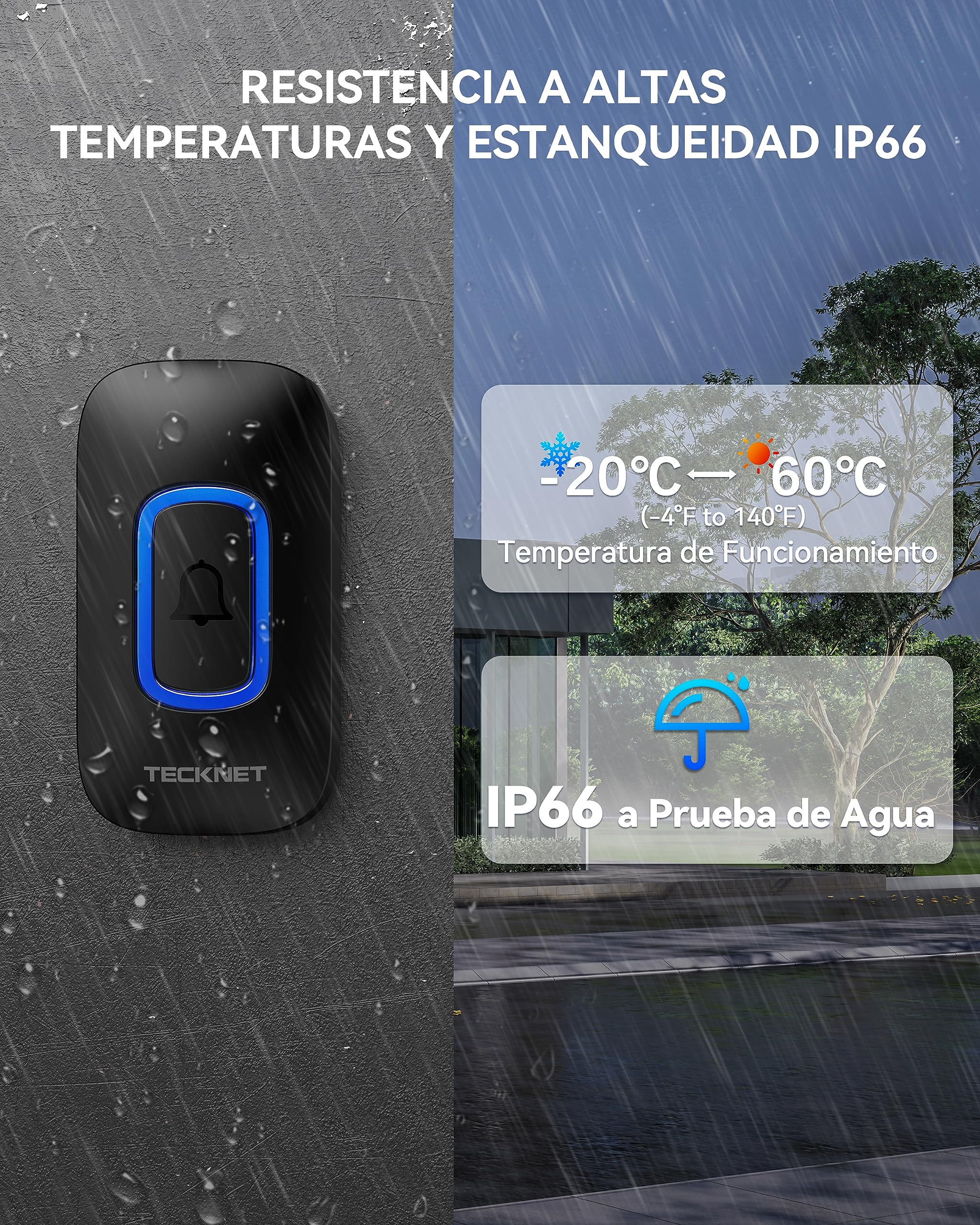 TECKNET Timbre Inalámbrico Funciona con Pilas, 400M Alcance RGB Timbre Inalámbrico Exterior Impermeable IP66, 5 Niveles de Volumen (0-110dB) y 60 Melodías para Hogar/Hotel/Oficina/Emergencia, etc