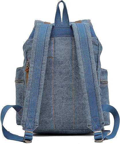 Miniatura 4 de HuaChen Mochila de lona vintage, mochila de viaje casual con cuero para hombres y mujeres, compartimento para portátil M32, azul