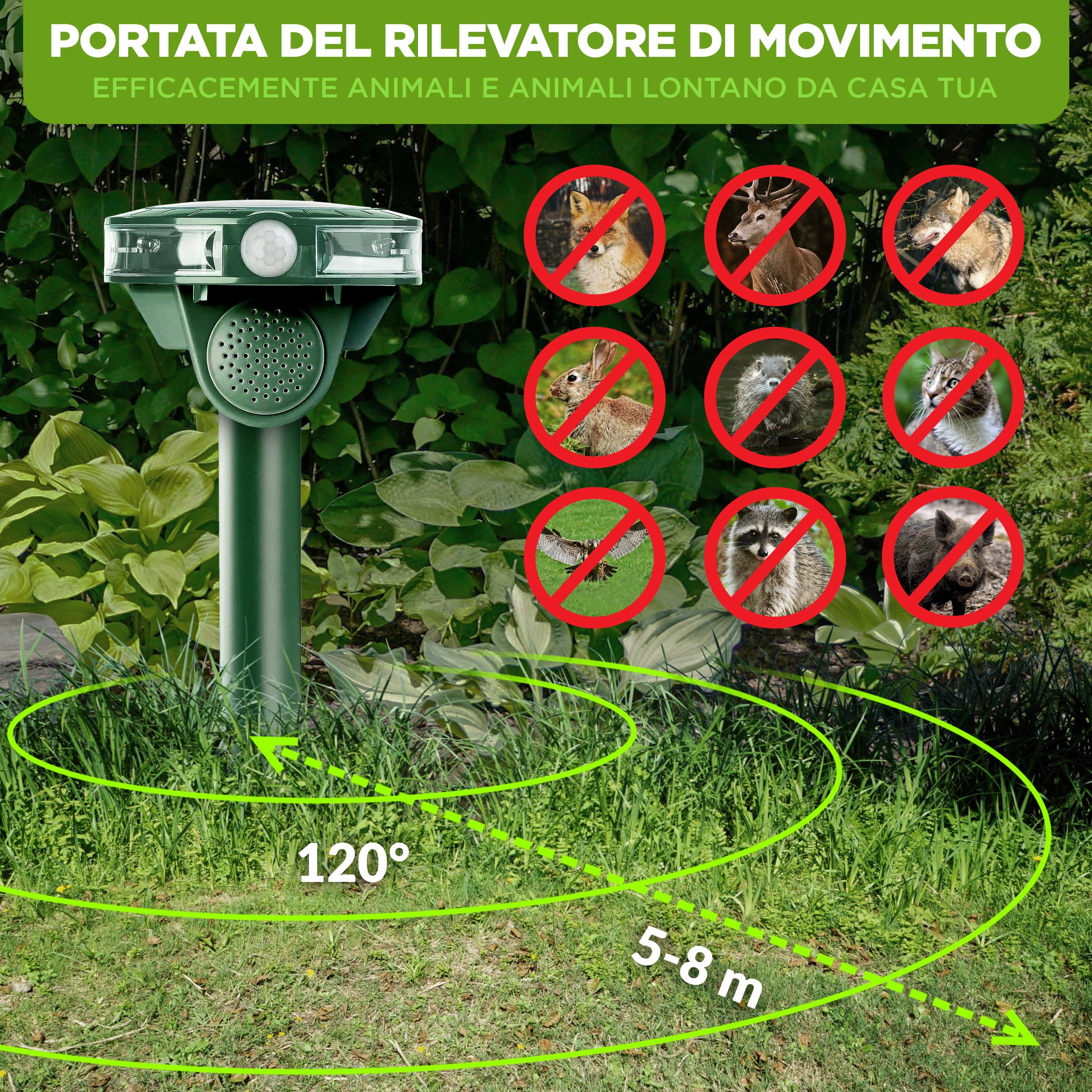ISOTRONIC repellente animali ultrasuoni gatti cani volpi procioni energia solare picchetto giardino incluso raggio 40m² 2 unità efficace esterno dissuasore protezione difesa ecologico stop mobile