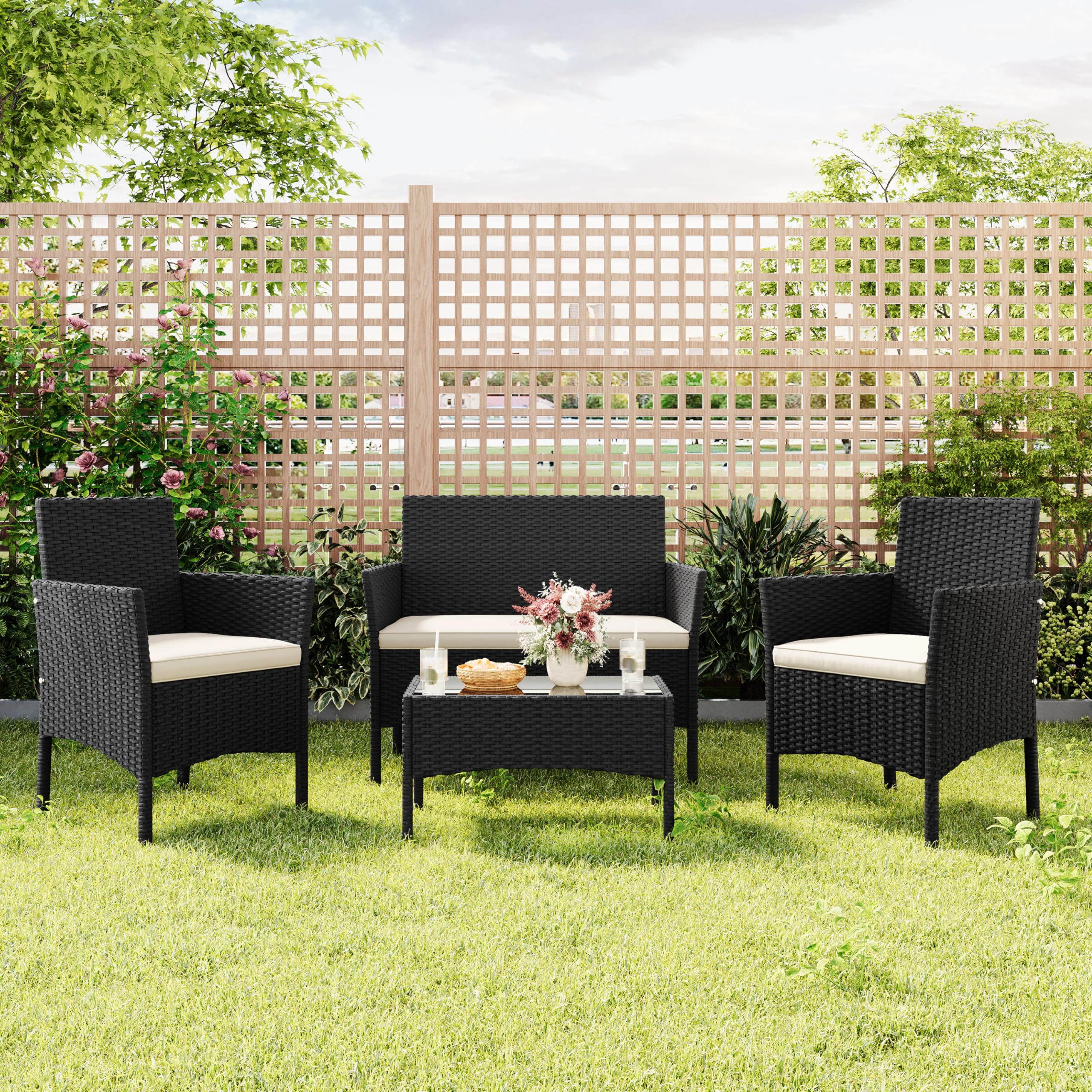 Yaheetech 4-Piece Rattan Patio Furniture Set, Outdoor 4 Seater Patio Conversation Sets with Glass Top Coffee Table, Weather Resistant Garden Conversation Set for Patio, Backyard, Deck, Black/Beige — view 5