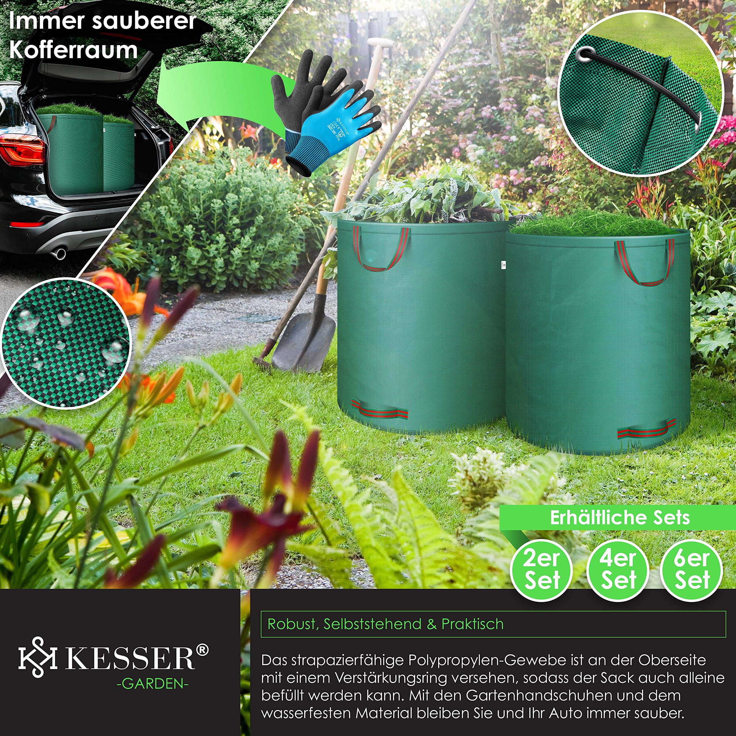 KESSER® Gartensack 6x 500L Set Laubsack Gartenabfallsack inkl. Handschuhe - Selbststehend 4 Griffe Stabil Robust & Faltbar - Laubsäcke Rasenschnitt Gartensäcke für Gartenabfälle Grünschnitt Grün