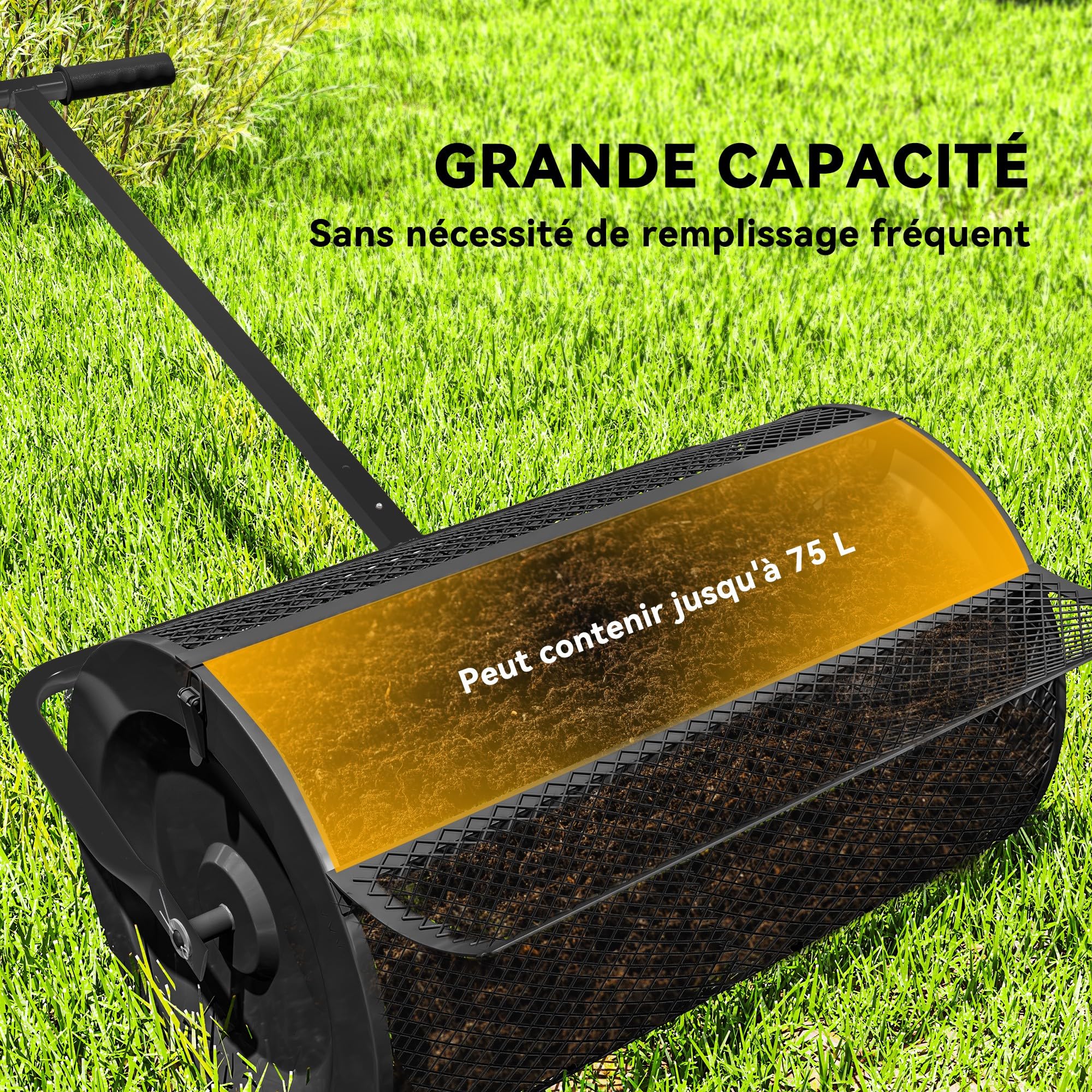 Outsunny Épandeur à Compost 75 L, épandeur de Gazon avec poignée en T réglable, pour Entretien du Jardin et pelouse, 70 x 40 x 112 cm, Noir