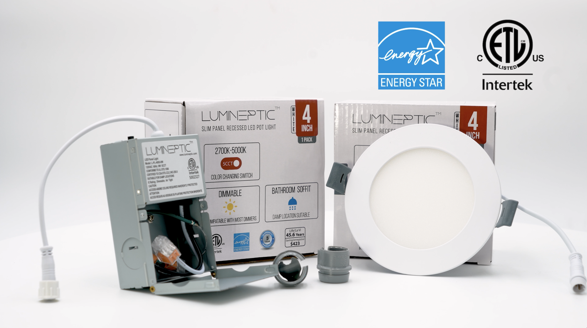 LUMINEPTIC 6 Inch White 12W 5CCT Selectable Color 1050LM Dimmable Ultra-Slim Recessed LED Pot Light,Bathroom/Damp Location-2700k,3000k,3500k,4000k,5000k-CRI 80 ,ETL,CSA,Energy Star & IC Rated LUMINEPTIC 6 Inch White 12W 5CCT Selectable Color 1050LM Dimmable Ultra-Slim Recessed LED Pot Light,Bathroom/Damp Location-2700k,3000k,3500k,4000k,5000k-CRI 80 ,ETL,CSA,Energy Star & IC Rated