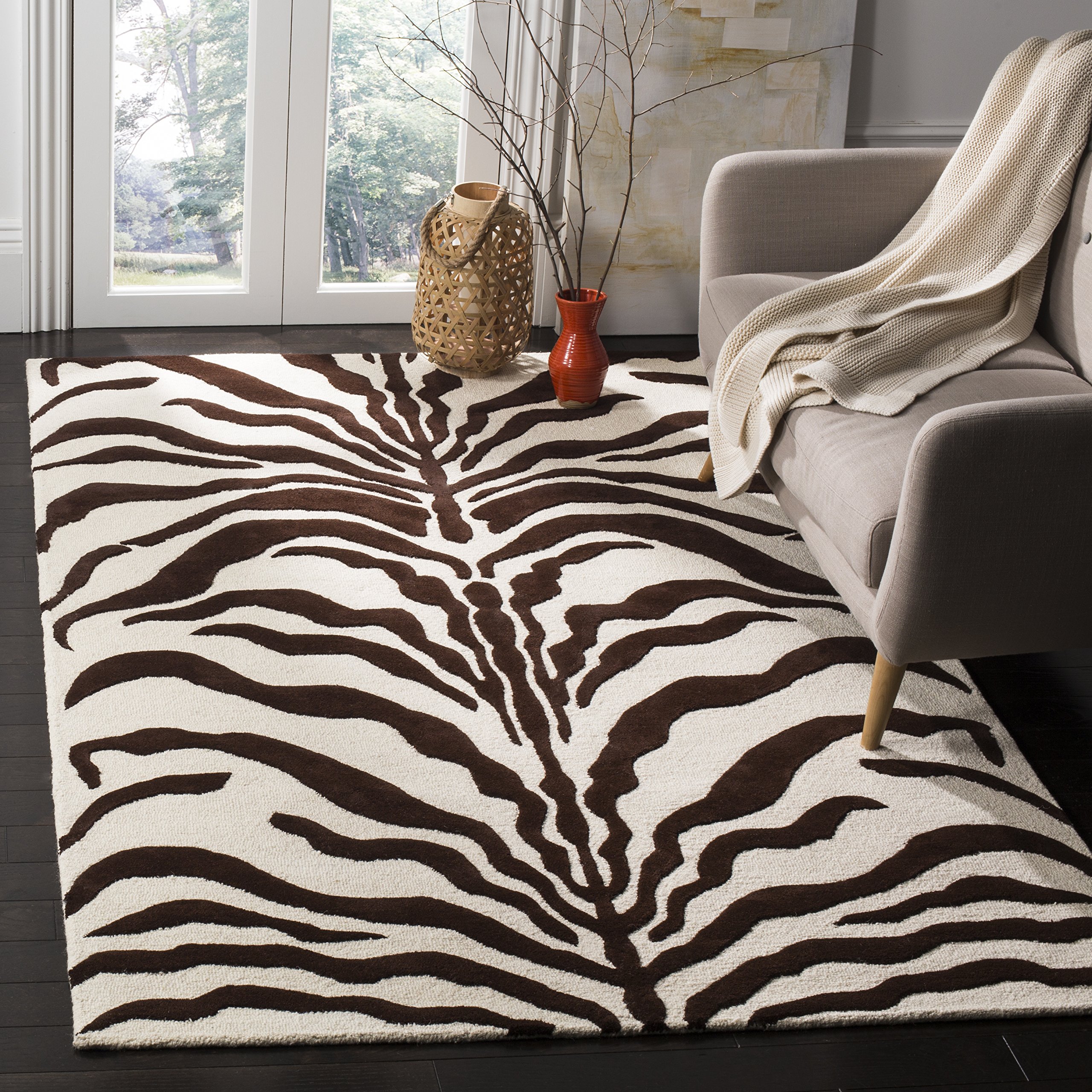 SAFAVIEH Zebra Teppich für Wohnzimmer, Esszimmer, Schlafzimmer - Cambridge Collection, Kurzer Flor, Elfenbein und Braun, 122 X 183 cm