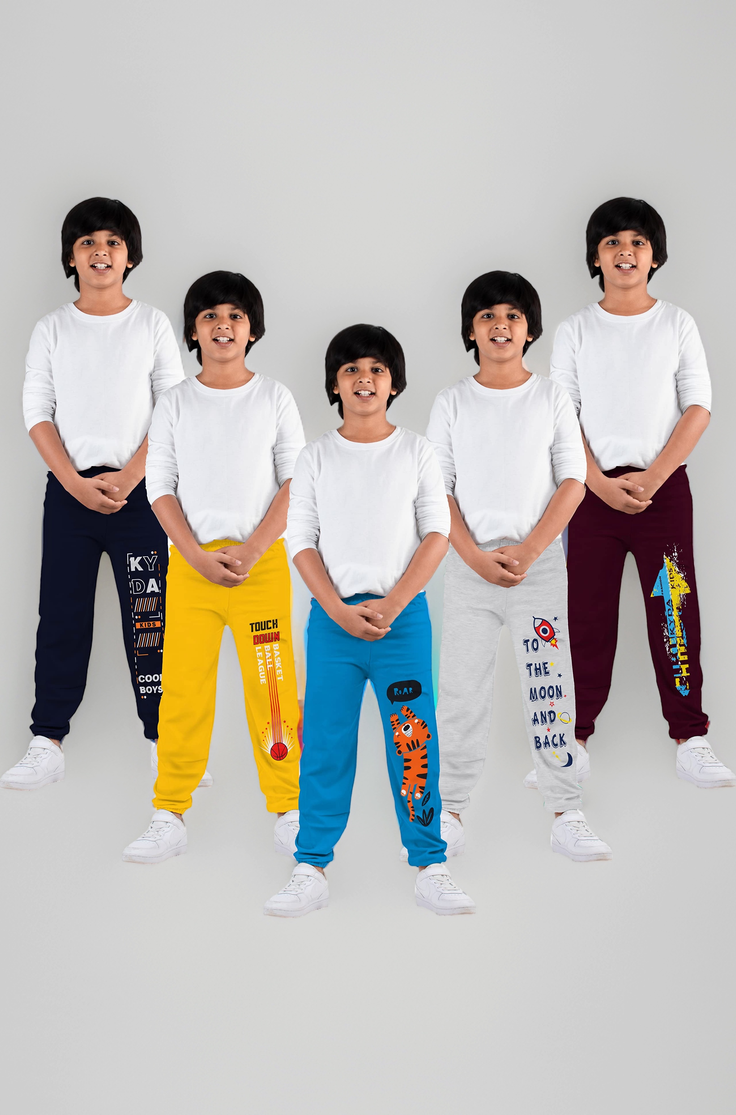 KYDA Kids® Boys 100% Cotton Printed Track Pants | Elastic Waist Loose Fit Kids Casual Summer Trousers | Multicolor Combo (Pack of 5)