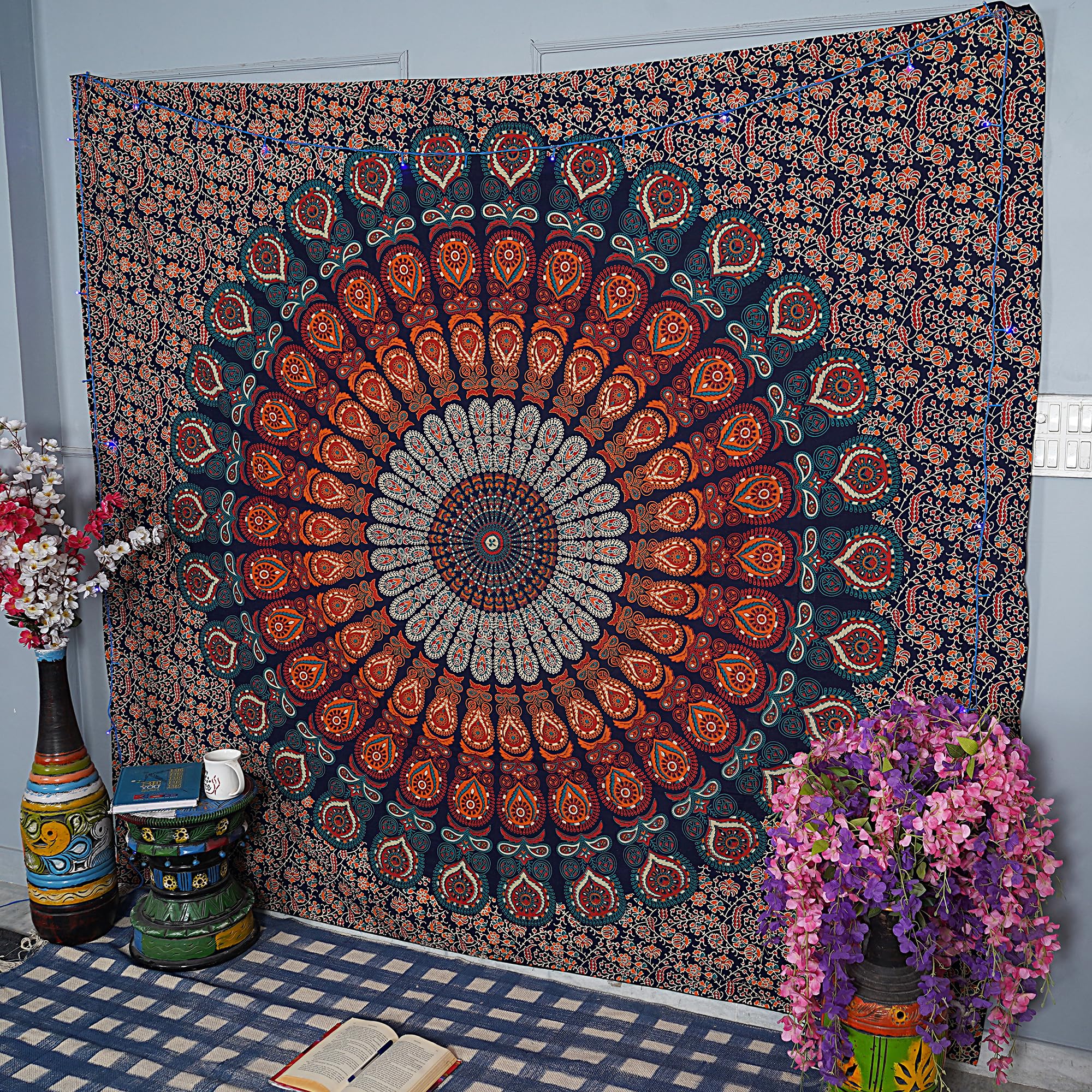 FURNISHFUL FINESSE Handmade Cotton Peacock Mandala Tapestry, Indian Wall Hanging, Boho Wall Art Tapestry for Bedroom, Psychedelic Trippy Hippie Room Decor, 228x272 CM (90x108 Inch), Golden Blue