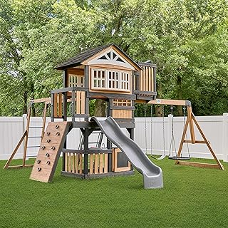 Backyard Discovery Rosewood Falls Cedar Wood Swing Set with Monkey Bars, Clubhouse, Crow's Nest, Play Kitchen, Wave Slide, Rock Wall, Belt Swings, Web Swing, Half Door, Chalkboard, Outdoor Playset