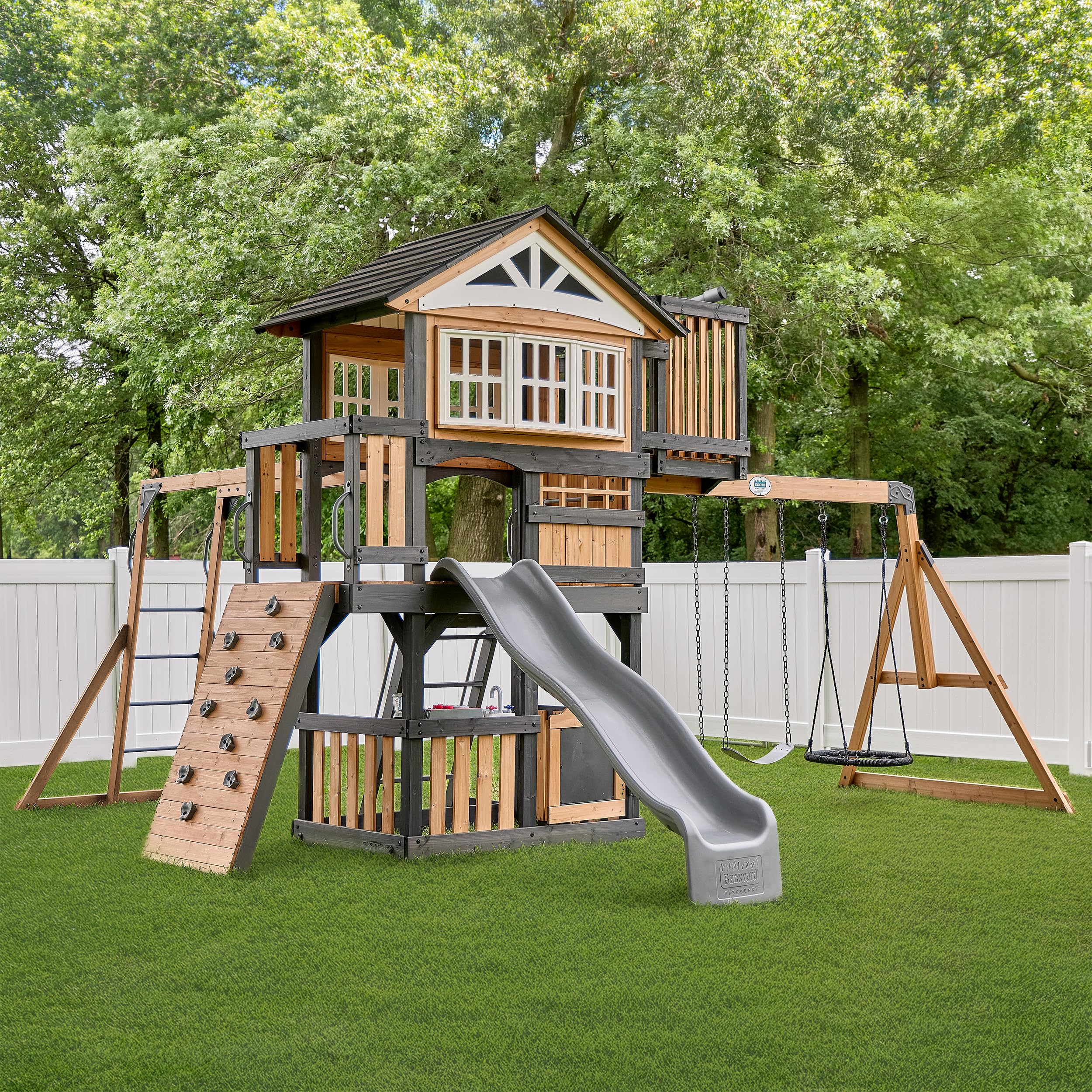 Rosewood Falls Cedar Wood Swing Set with Monkey Bars, Clubhouse, Crow's Nest, Play Kitchen, Wave Slide, Rock Wall, Belt Swings, Web Swing, Half Door, Chalkboard, Outdoor Playset