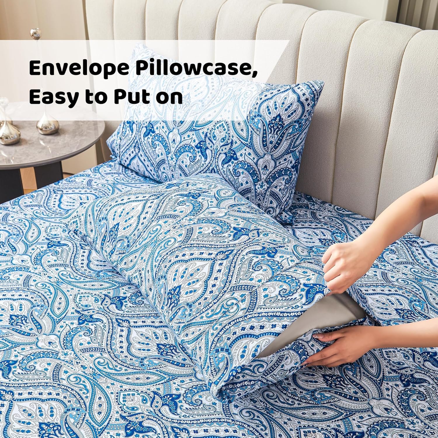 Softan Blue Paisley Printed Bed Sheets King Size, Floral Sheet Set King, Brushed Polyester Microfiber Fitted Sheet with 15" Deep Pocket & Non-Slip Straps, Blue Flower Patterned Sheet & Pillowcase Sets - Image 4