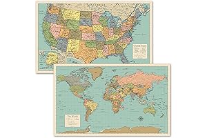 2 Pack - Tan/Color World Map Poster and USA Map Chart Laminated