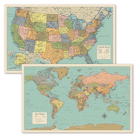 2 Pack - World Map Poster & USA Map Chart [Tan/Color] (LAMINATED, 18” x 29”)