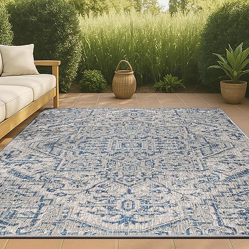 JONATHAN Y SMB105B-4 Estrella Bohemian Medallion Textured Weave Navy/Gray 4 ft. x 6 ft. Indoor/Outdoor Area Rug Coastal, Traditional, Transitional, Perfect for Backyard, Patio, Porch