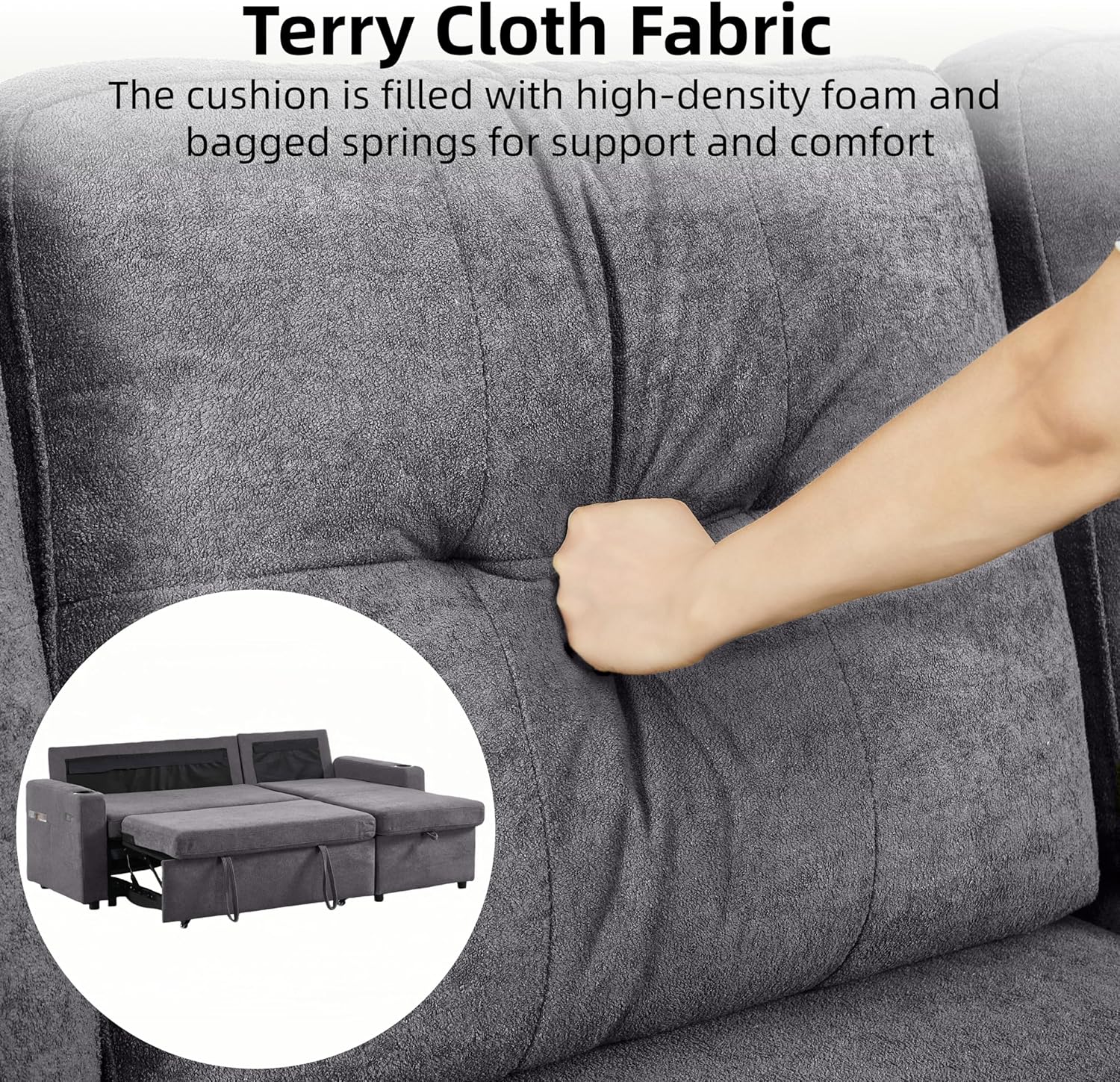 Convertible Sleeper Sofa Bed with Pull Out Couch, L Shaped Couch with Chaise Storage, USB Charge & Cup Holder, Small Sectional Couches for Living Room, Apartment | Terry Cloth | 82" | Light Grey