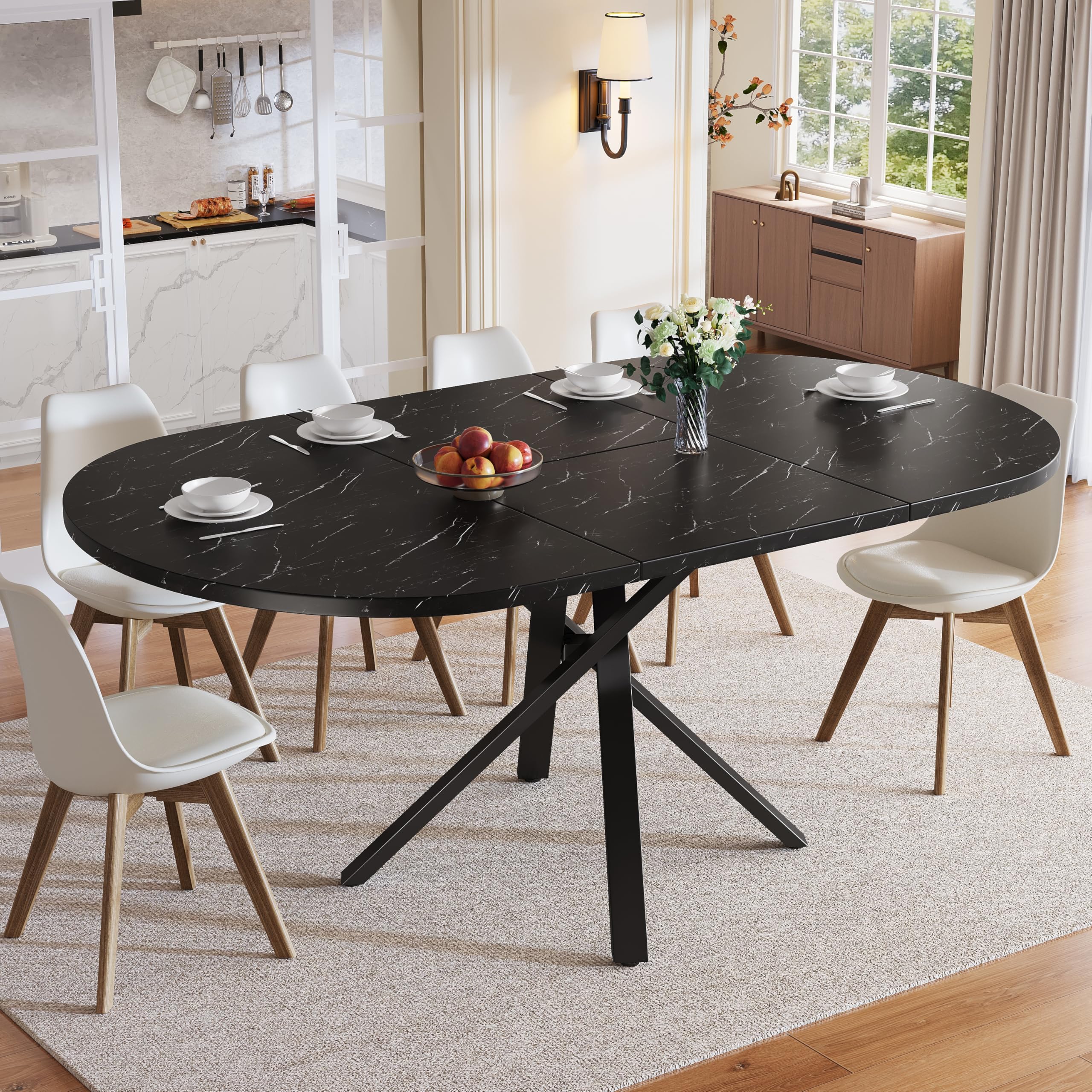 Tavolo da pranzo rotondo allungabile 100/140×100×75,5 cm, tavolo da pranzo - piano in legno effetto marmo, tavolo da cucina per 4-6 persone, tavolo rotondo con gambe in ferro, tavolo allungabile per