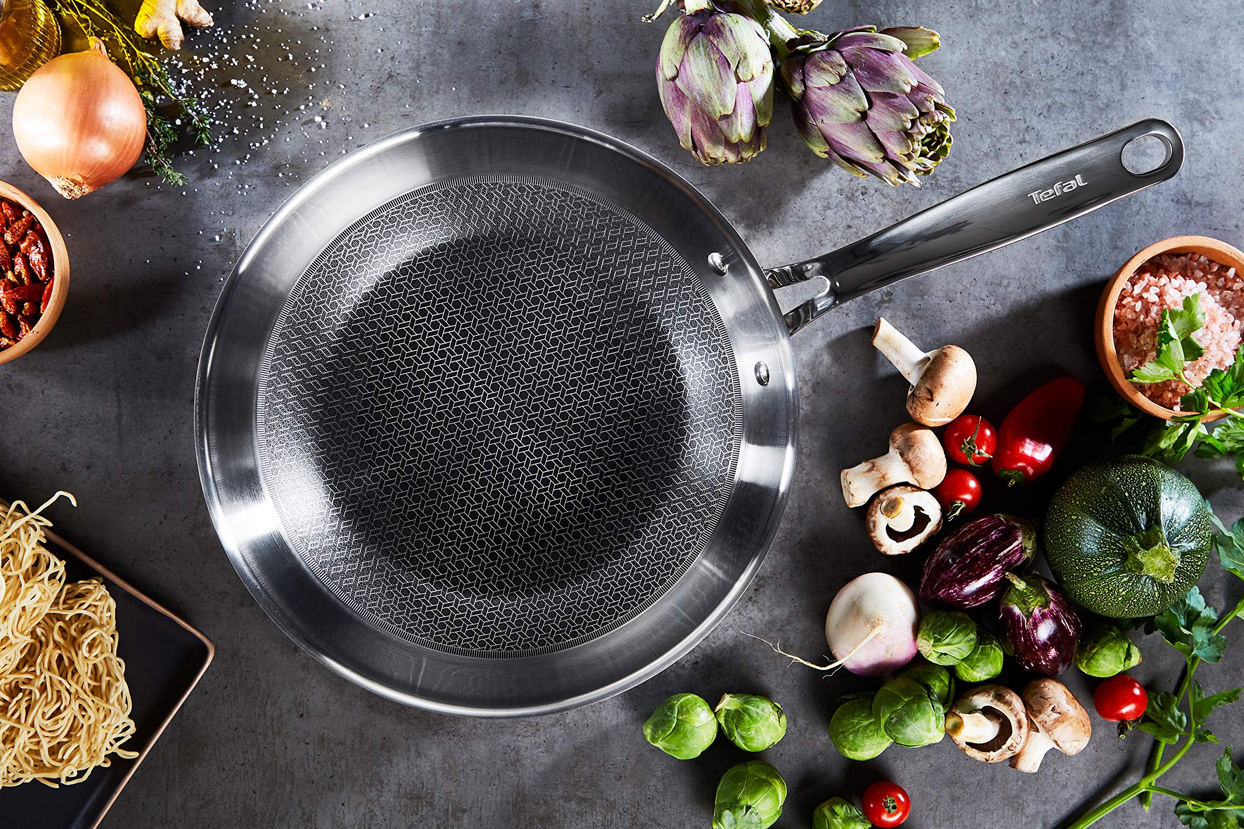 Tefal Eternal Mesh E49716 Sartén wok, 28 cm, cierre de malla seguro y resistente a los arañazos, sartén de tres capas, apta para inducción, acero inoxidable