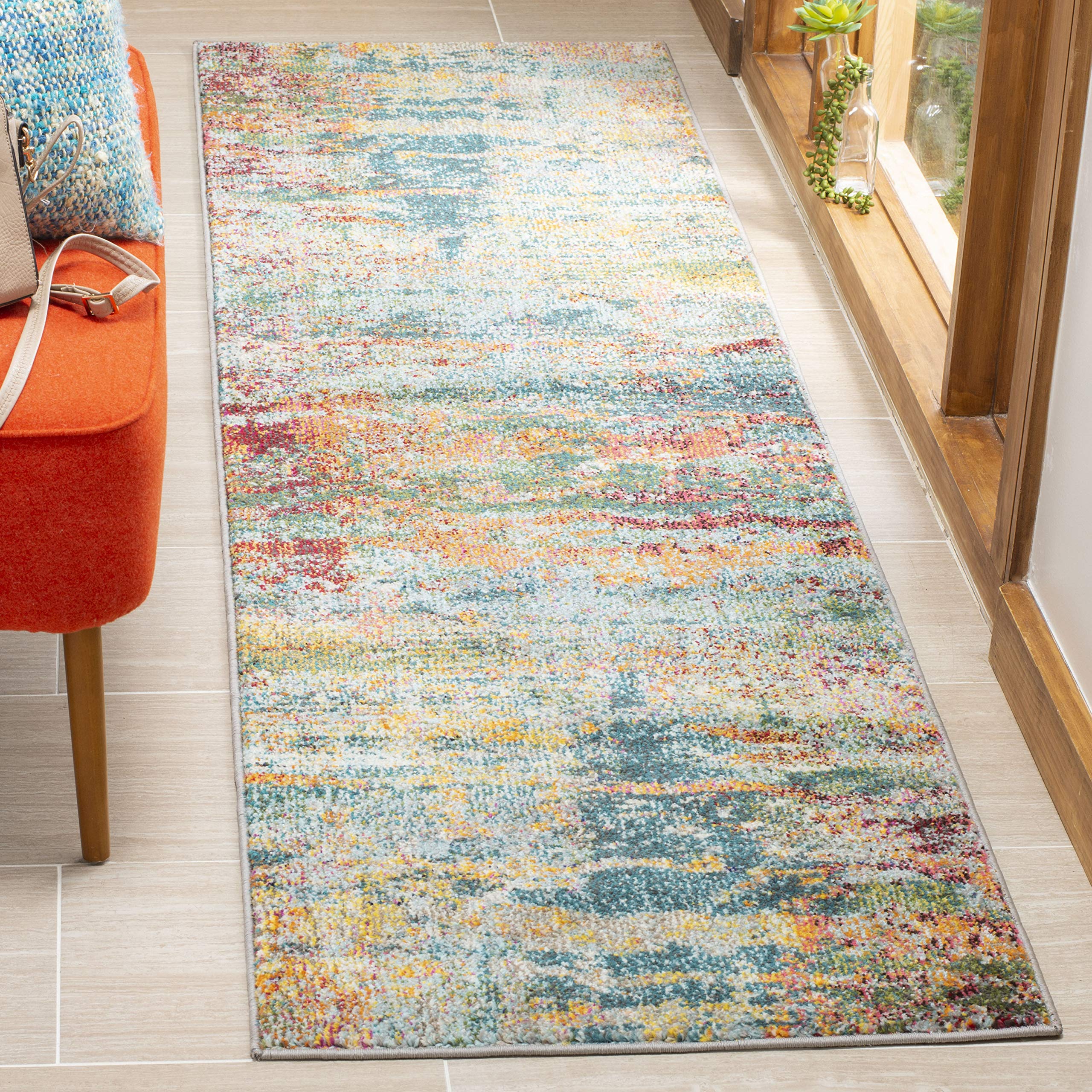 SAFAVIEH Monaco Collection Runner Rug - 2'2" x 18', Teal & Orange, Modern Boho Abstract Design, Non-Shedding & Easy Care, Ideal for High Traffic Areas