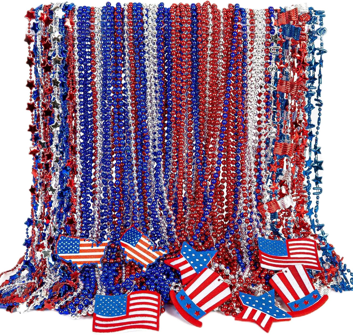 EOBOH Independence Day Necklaces Accessories, 200PCS 4th of July Bead Necklaces, Patriotic 4th of July Red Blue White USA Hat Flags Pendant, Metallic Necklace for Memorial Day Parades Party Favors