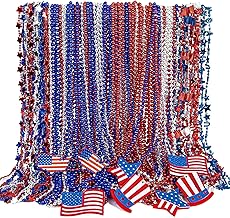 Independence Day Necklaces Accessories, 200PCS 4th of July Bead Necklaces, Patriotic 4th of July Red Blue White USA Hat Flags Pendant, Metallic Necklace for Memorial Day Parades Party Favors
