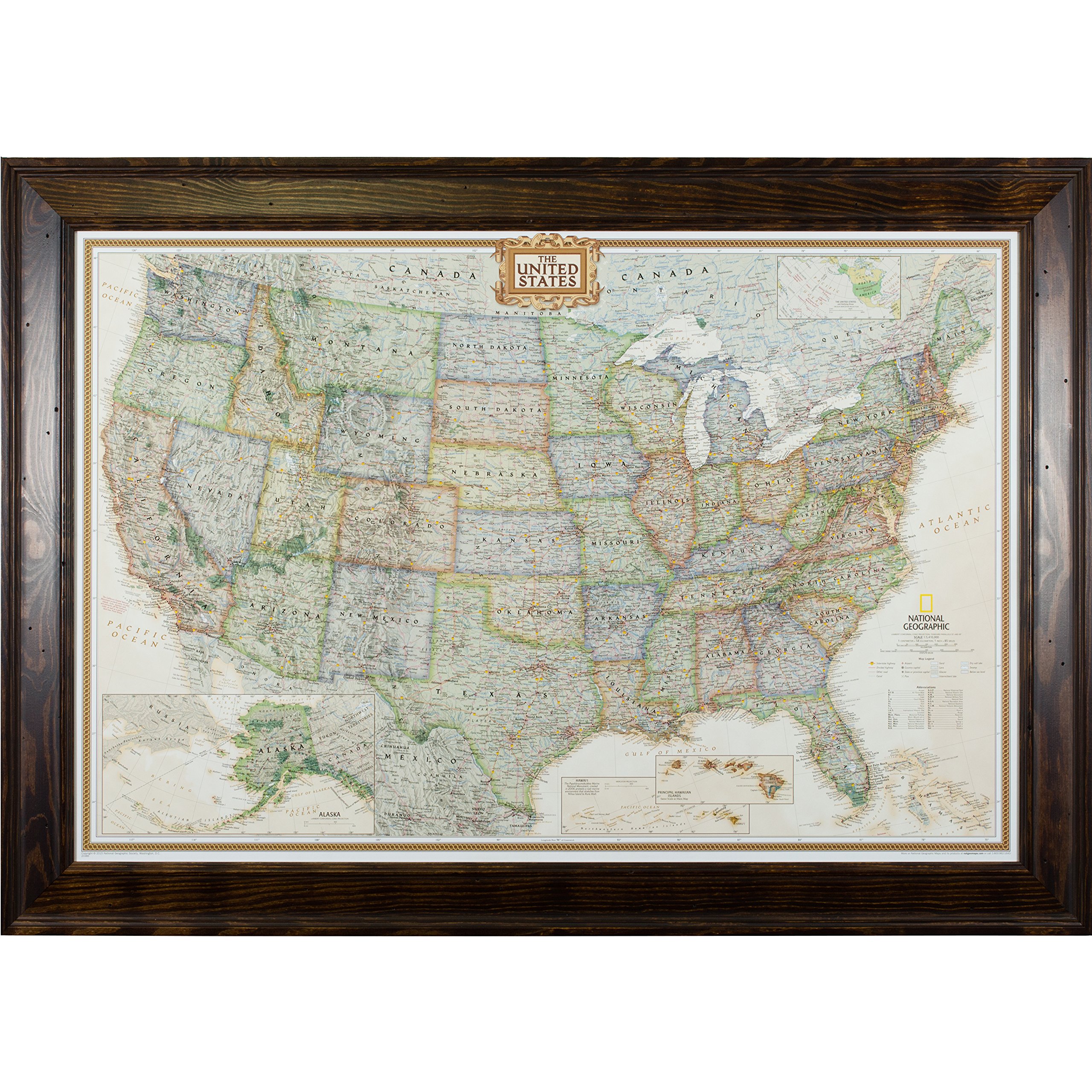Craig Frames United States Travel Map, 24x36 Distressed Dark Brown Frame