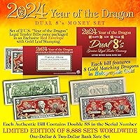 Vista 2 de Merrick Mint 2024 Año Nuevo del Dragón sin circular Billete de dos y un dólar Edición especial Coleccionable Chino CNY Set DUAL 8 DRAGONES ORO A