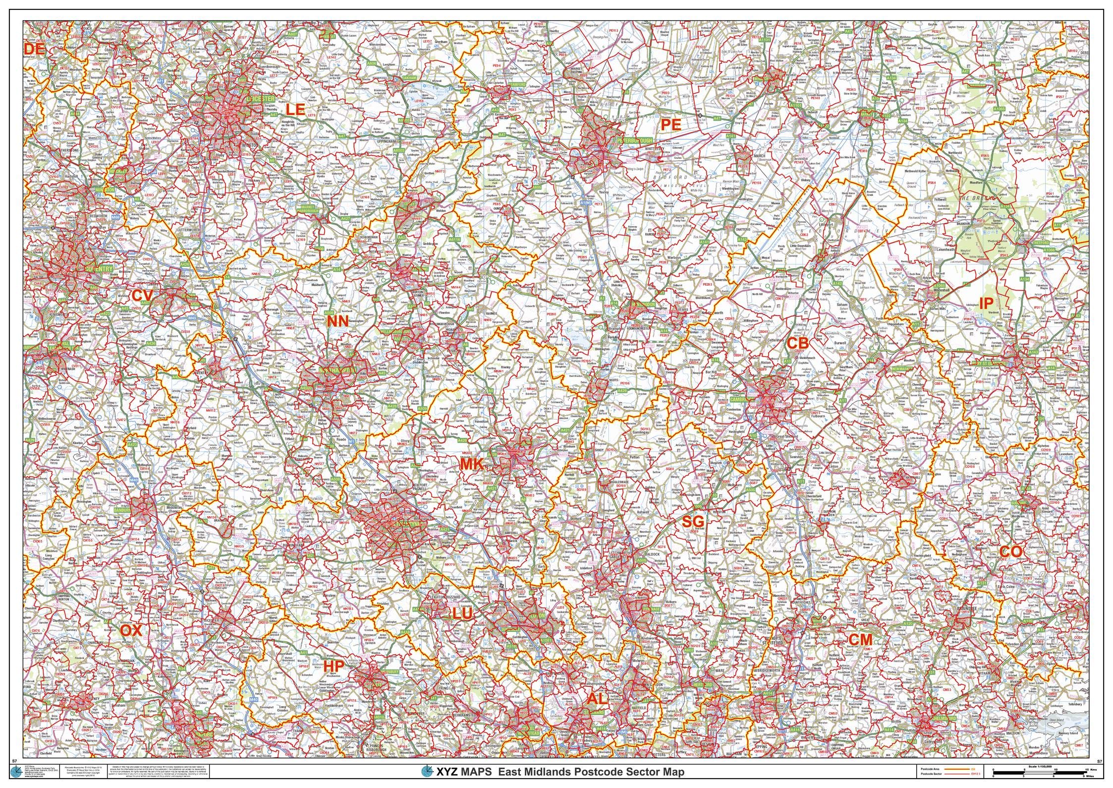 East Midlands Postcode Sector Wall Map (S7) - 47" x 33.25" Rolled Canvas