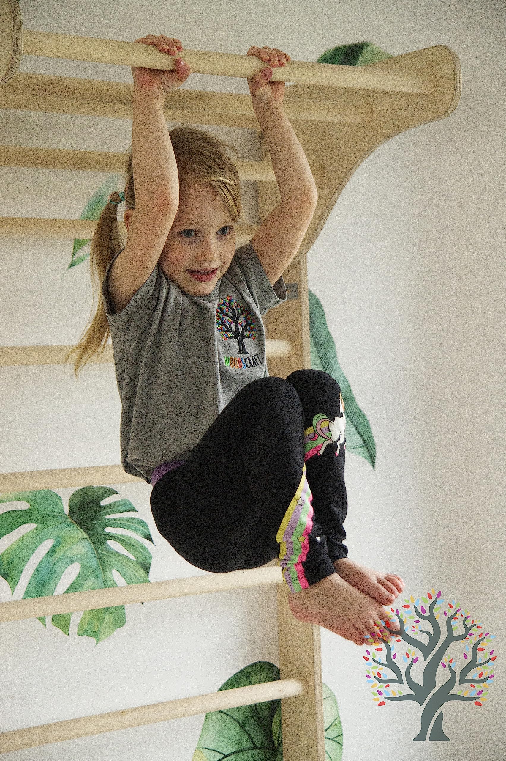 WoodsCraft Sprossenwand für Kinderzimmer | Holz Kletterwand für Kinderzimmer | Klettergerüst Indoor & Turngeräte für Kinder | Indoor Spielgeräte | Wall Bars für Kinder Klettern Indoor